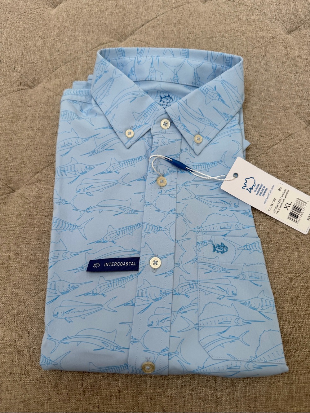 NWT SOUTHERN TIDE BOYS SHORT SLEEVE BUTTON DOWN game fish blue SHIRT SIZE 14 XL